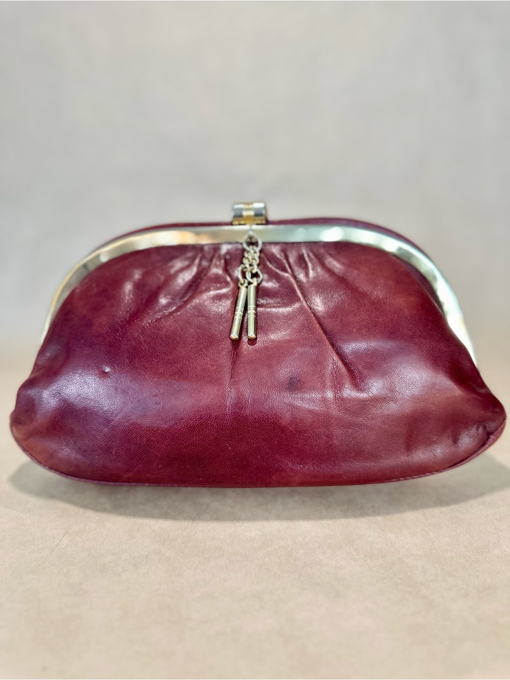 Vintage Sabiha Leather Boutique Oxblood Burgundy Frame Clutch Kiss Lock Bag
